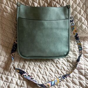 Mint Green Leather Crossbody Bag with Patterned Strap